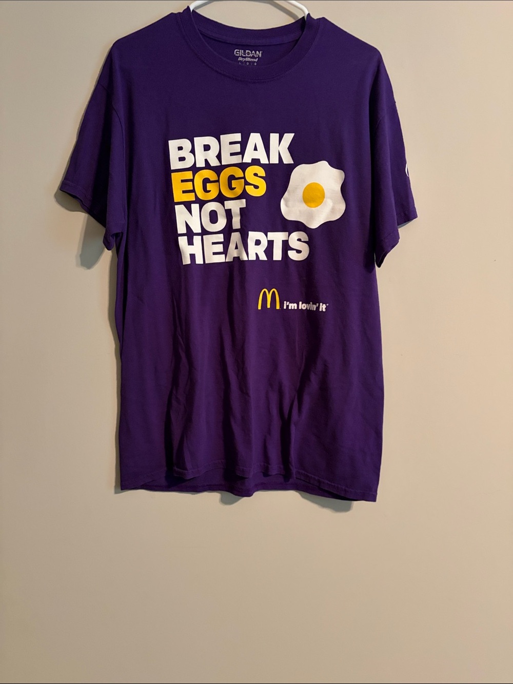 McDonald's Purple Graphic Tee “Break Eggs Not Hearts”